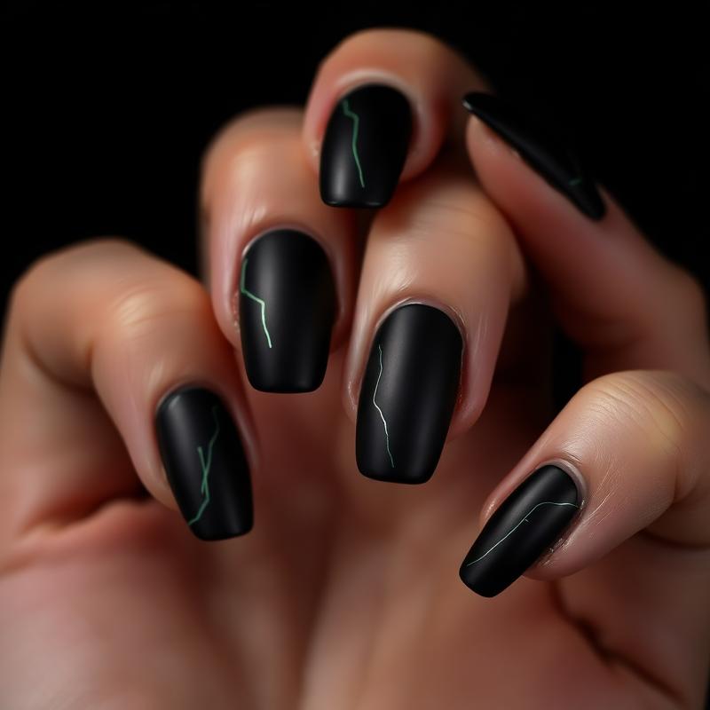 Matzwarte nagels met fijne groene lijntjes