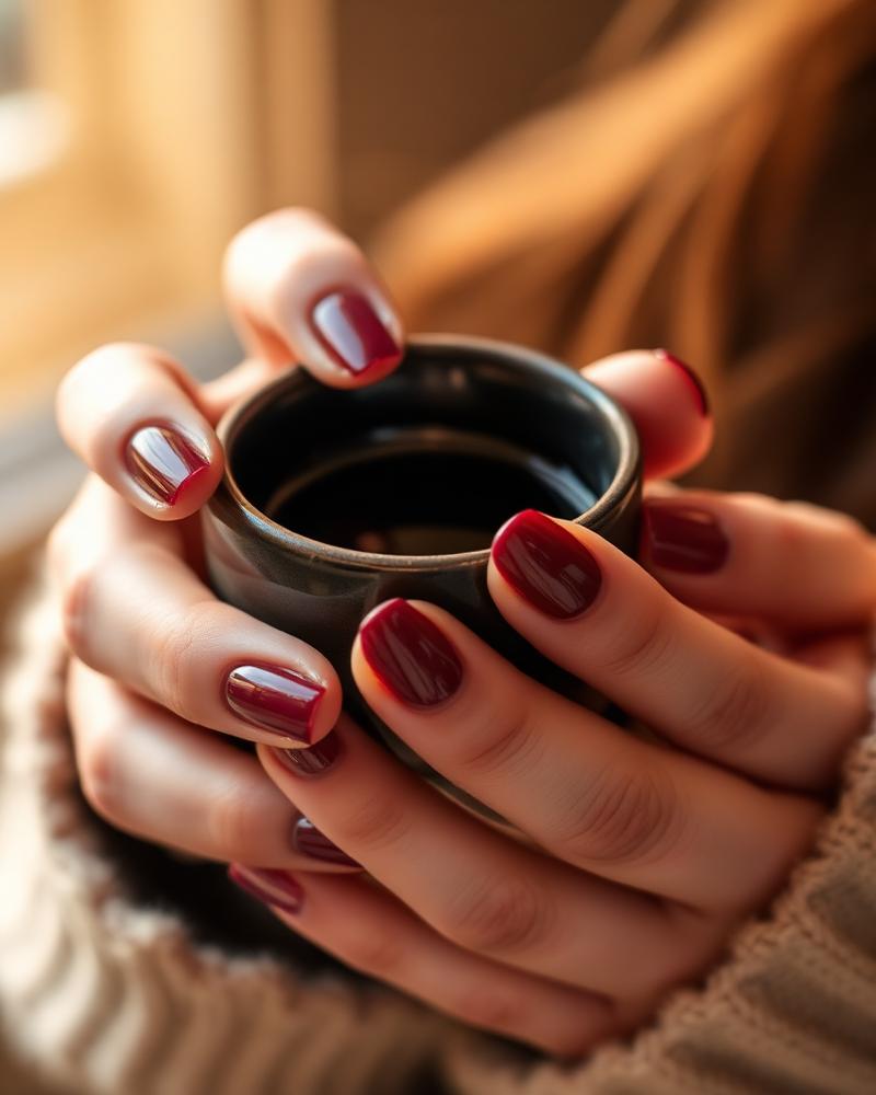 Bordeauxrode gelnagels rond een donkere kop koffie